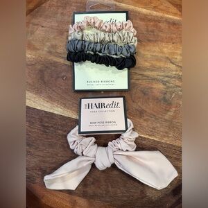 The Hair Edit (1) Bow Pose Ribbon Scrunchie and (4) Ruched Ribbon Scrunchies